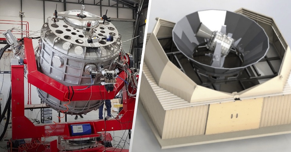 Es una imagen compuesta: a la izquierda el criostato que contiene el instrumento. A la derecha, la simulación de la instalación del telescopio que permitirá investigar el origen del universo